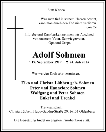 Traueranzeige von Adolf Sohmen von Nordwest-Zeitung