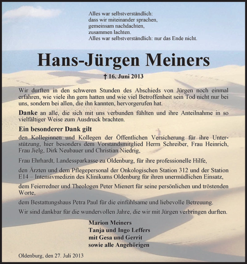 Traueranzeige für Hans-Jürgen Meiners vom 27.07.2013 aus Nordwest-Zeitung