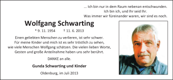 Traueranzeige von Wolfgang Schwarting von Nordwest-Zeitung