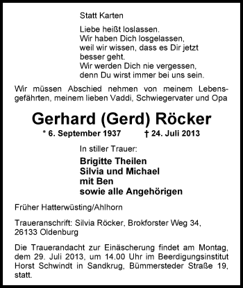Traueranzeige von Gerhard Röcker von Nordwest-Zeitung