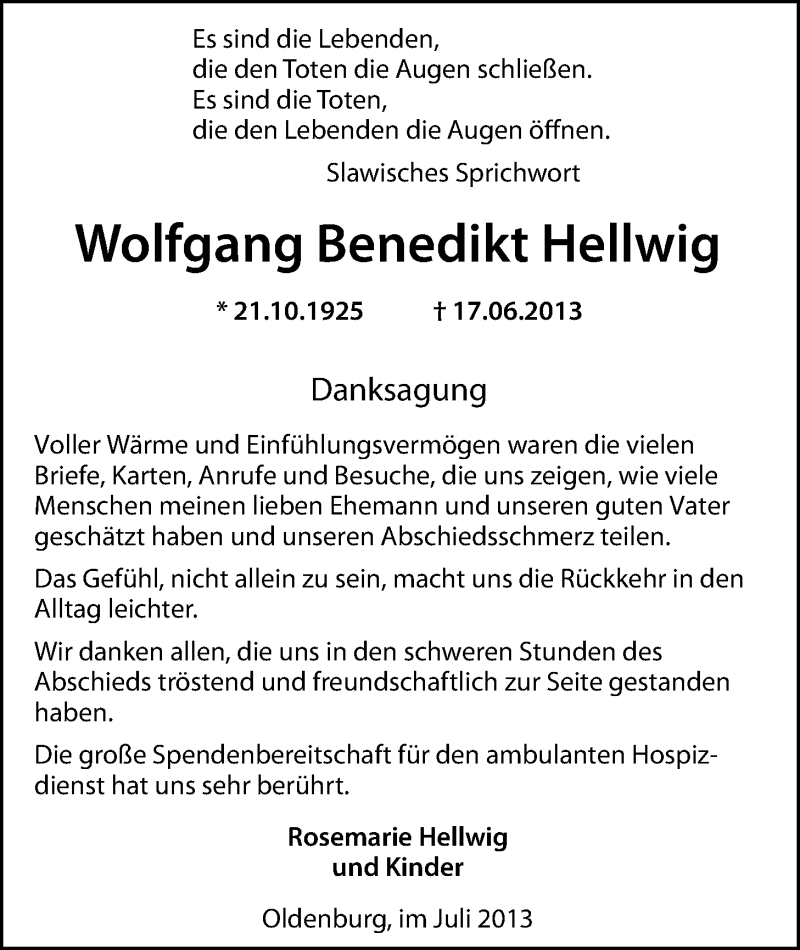  Traueranzeige für Wolfgang Benedikt Hellwig vom 27.07.2013 aus Nordwest-Zeitung