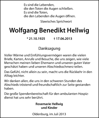 Traueranzeige von Wolfgang Benedikt Hellwig von Nordwest-Zeitung