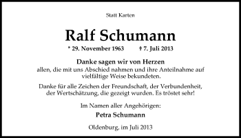 Traueranzeige von Ralf Schumann von Nordwest-Zeitung