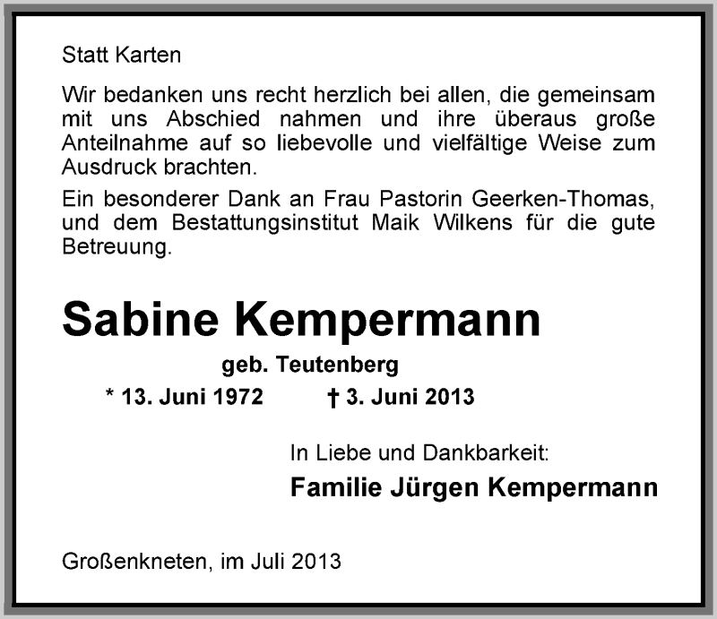  Traueranzeige für Sabine Kempermann vom 27.07.2013 aus Nordwest-Zeitung