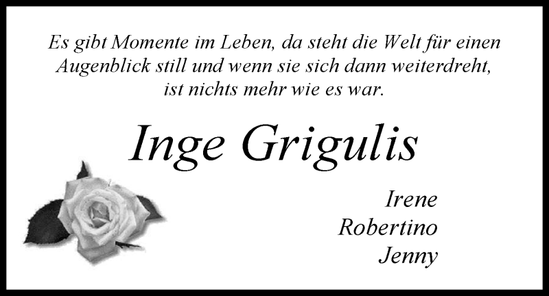  Traueranzeige für Inge Grigulis vom 30.07.2013 aus Nordwest-Zeitung