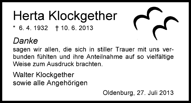  Traueranzeige für Herta Klockgether vom 27.07.2013 aus Nordwest-Zeitung