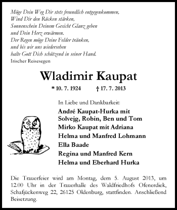 Traueranzeige von Wladimir Kaupat von Nordwest-Zeitung