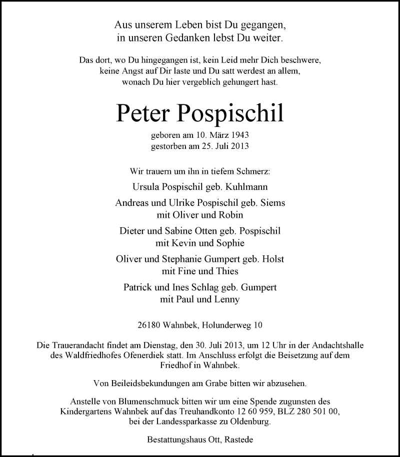  Traueranzeige für Peter Pospischil vom 27.07.2013 aus Nordwest-Zeitung