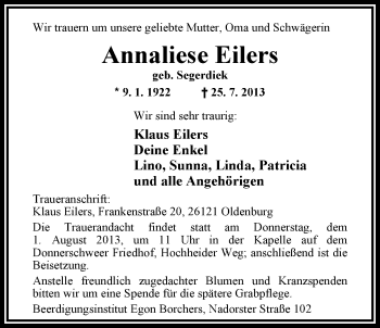 Traueranzeige von Annaliese Eilers von Nordwest-Zeitung