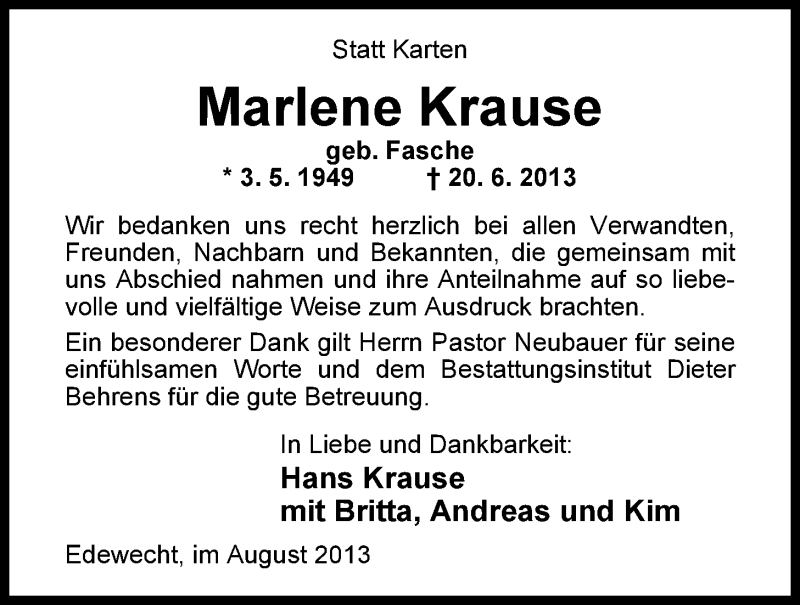  Traueranzeige für Marlene Krause vom 03.08.2013 aus Nordwest-Zeitung