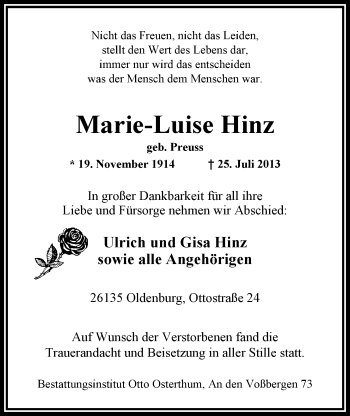Traueranzeige von Marie-Luise Hinz von Nordwest-Zeitung