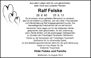 Traueranzeige von Ralf Felske von Nordwest-Zeitung