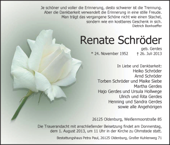 Traueranzeige von Renate Schröder von Nordwest-Zeitung