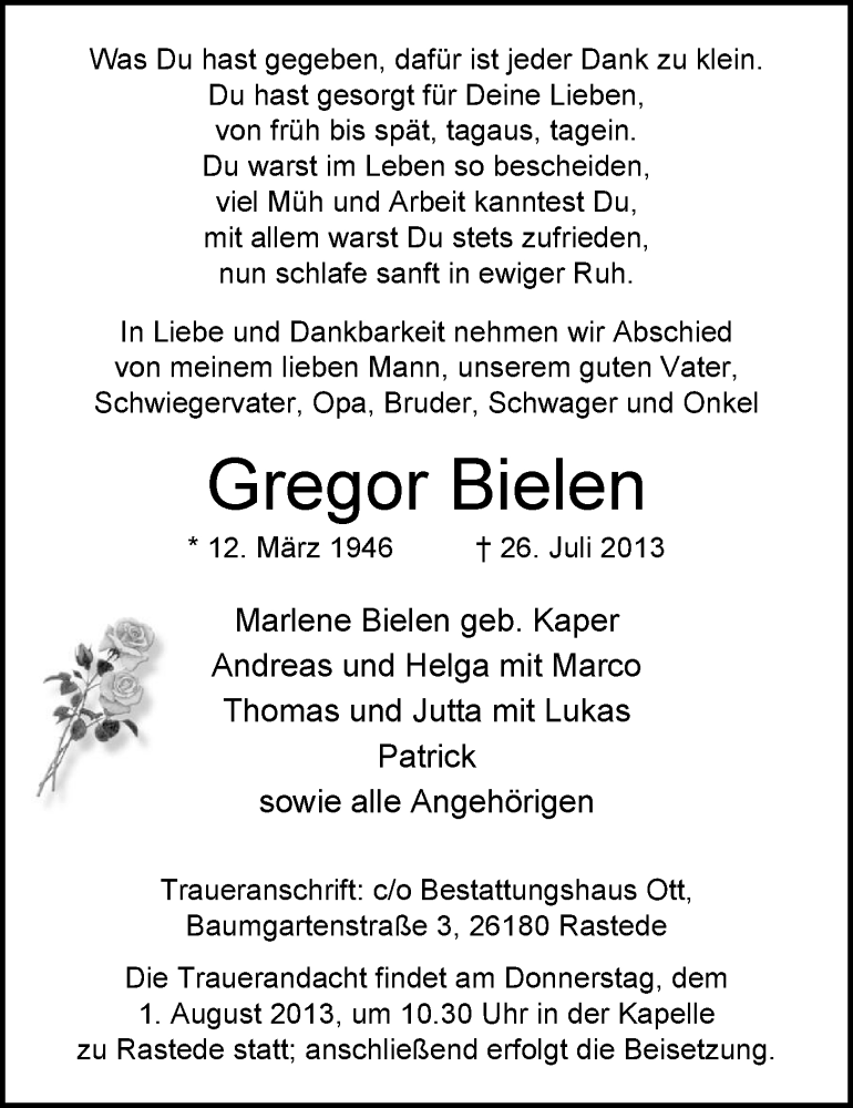  Traueranzeige für Gregor Bielen vom 29.07.2013 aus Nordwest-Zeitung