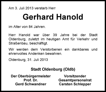 Traueranzeige von Gerhard Hanold von Nordwest-Zeitung