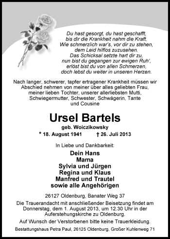 Traueranzeige von Ursel Bartels von Nordwest-Zeitung