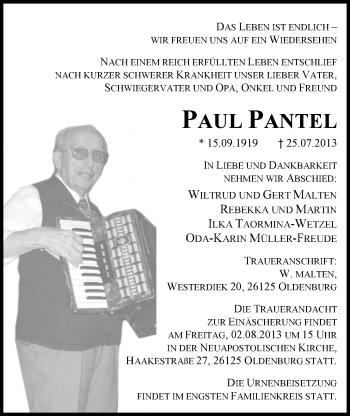 Traueranzeige von Paul Pantel von Nordwest-Zeitung