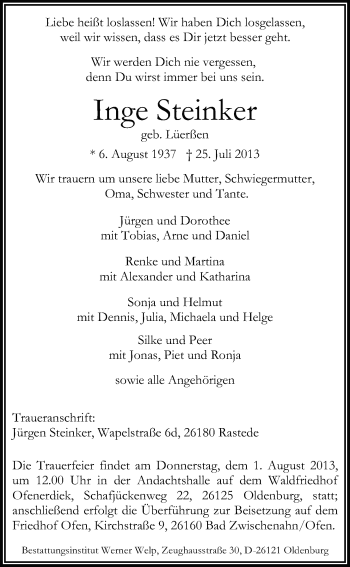 Traueranzeige von Inge Steinker von Nordwest-Zeitung