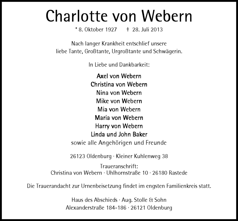  Traueranzeige für Charlotte von Webern vom 30.07.2013 aus Nordwest-Zeitung