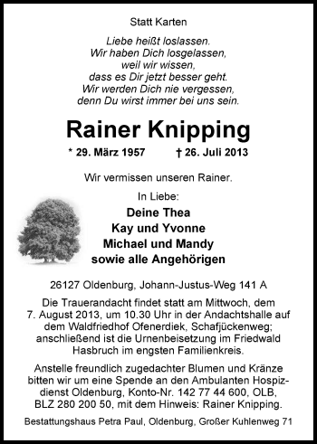 Traueranzeige von Rainer Knipping von Nordwest-Zeitung
