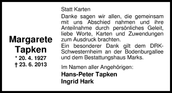 Traueranzeige von Margarete Tapken von Nordwest-Zeitung