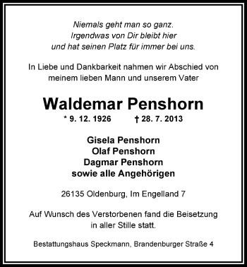Traueranzeige von Waldemar Penshorn von Nordwest-Zeitung