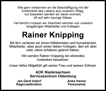 Traueranzeige von Rainer Knipping von Nordwest-Zeitung