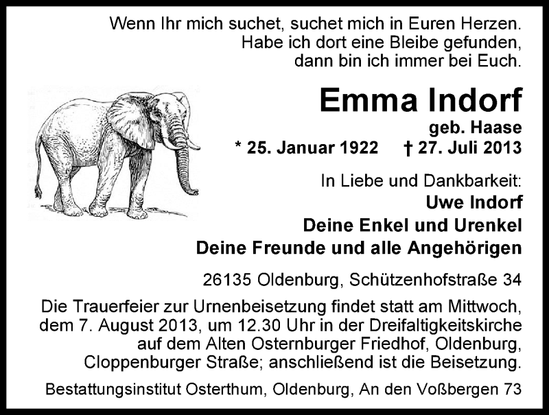  Traueranzeige für Emma Indorf vom 03.08.2013 aus Nordwest-Zeitung