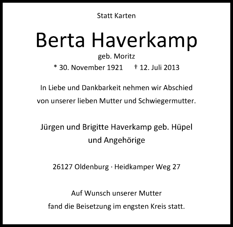  Traueranzeige für Berta Haverkamp vom 03.08.2013 aus Nordwest-Zeitung