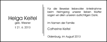 Traueranzeige von Helga Anneliese Keitel von Nordwest-Zeitung