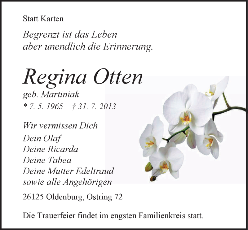  Traueranzeige für Regina Otten vom 03.08.2013 aus Nordwest-Zeitung