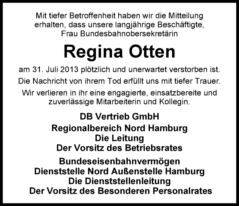  Traueranzeige für Regina Otten vom 03.08.2013 aus Nordwest-Zeitung