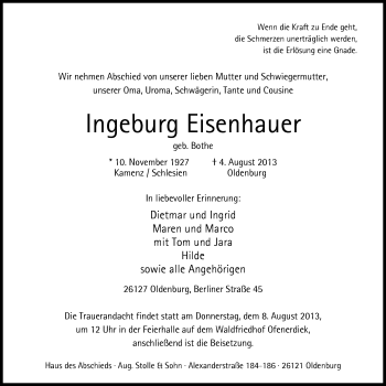 Traueranzeige von Ingeborg Eisenhauer von Nordwest-Zeitung