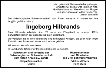 Traueranzeige von Ingeborg Hilbrands von Nordwest-Zeitung