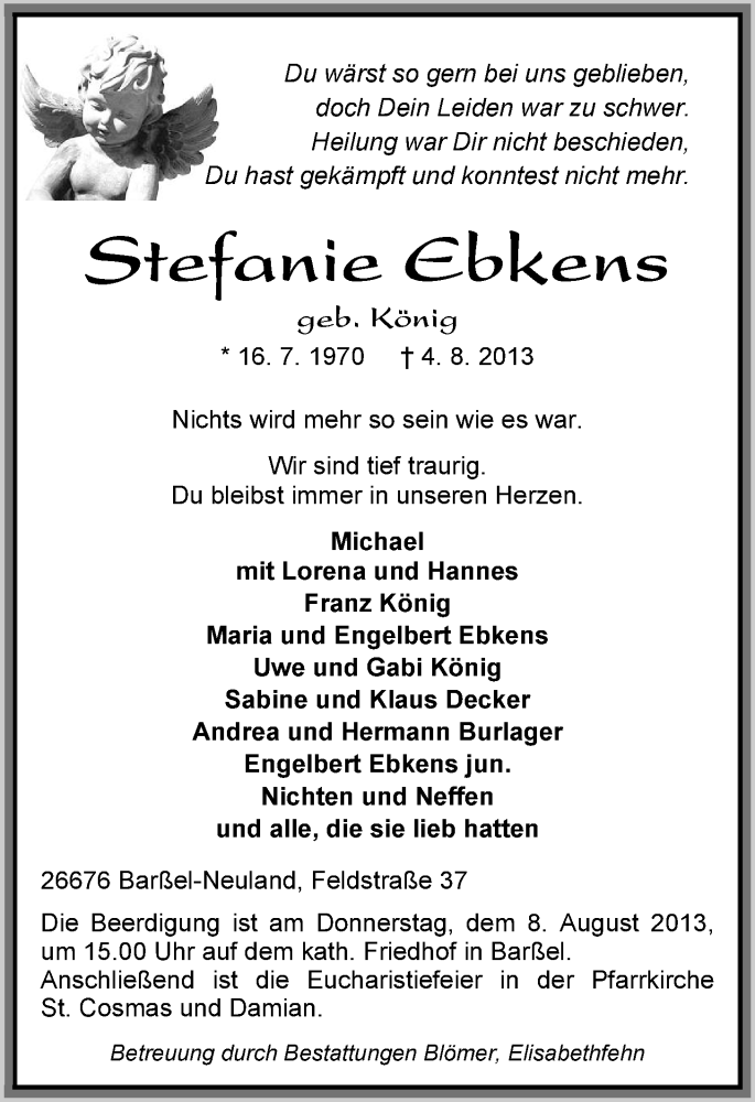  Traueranzeige für Stefanie Ebkens vom 06.08.2013 aus Nordwest-Zeitung
