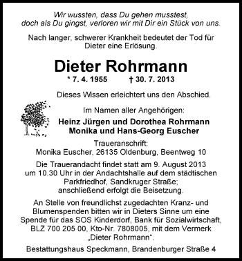 Traueranzeige von Dieter Rohrmann von Nordwest-Zeitung