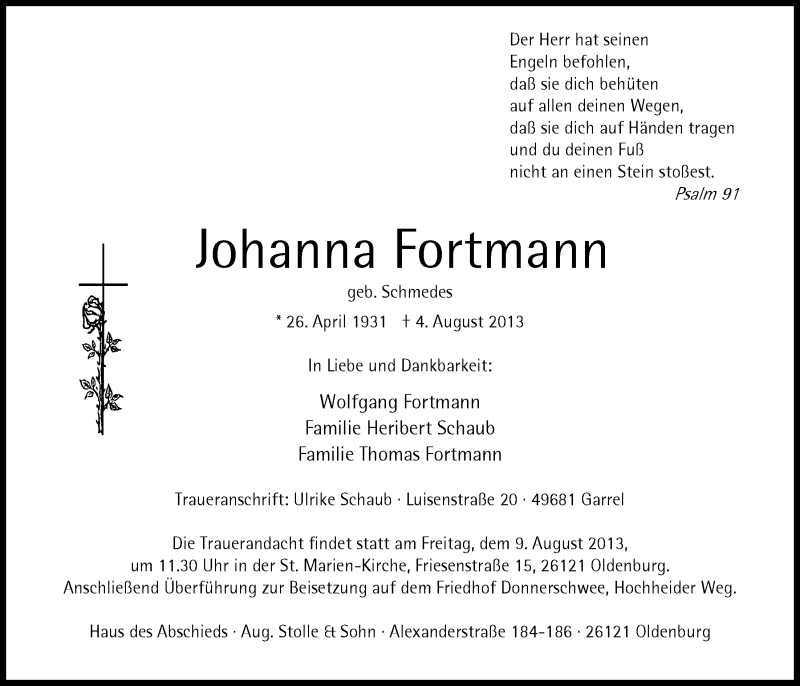  Traueranzeige für Johanna Fortmann vom 06.08.2013 aus Nordwest-Zeitung