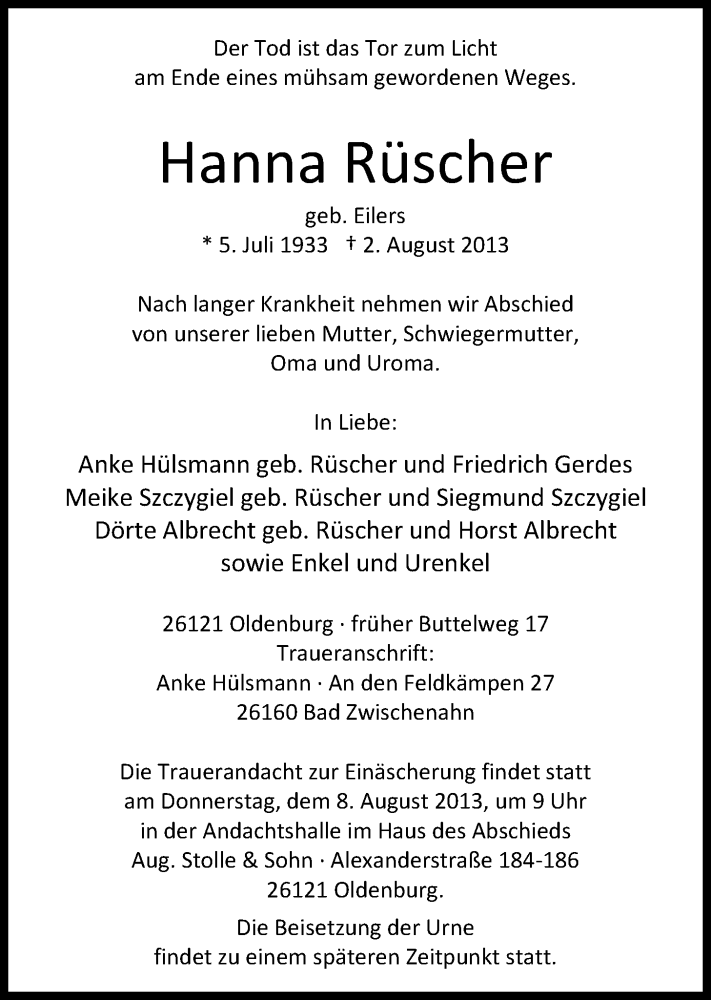  Traueranzeige für Hanna Rüscher vom 06.08.2013 aus Nordwest-Zeitung