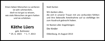 Traueranzeige von Käthe Lüers von Nordwest-Zeitung
