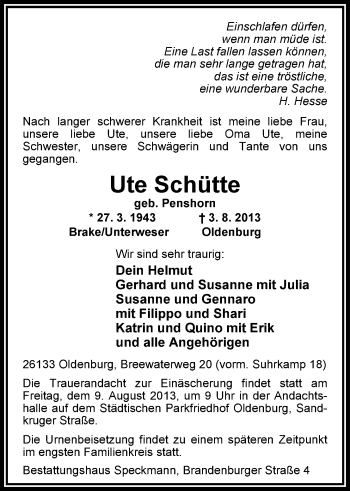 Traueranzeige von Ute Schütte von Nordwest-Zeitung