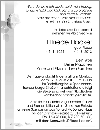 Traueranzeige von Elfriede Hacker von Nordwest-Zeitung