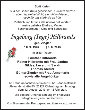 Traueranzeige von Ingeborg Hilbrands von Nordwest-Zeitung