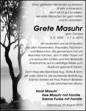 Traueranzeige von Grete Masuhr von Nordwest-Zeitung