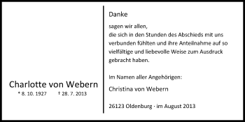 Traueranzeige von Charlotte von Webern von Nordwest-Zeitung