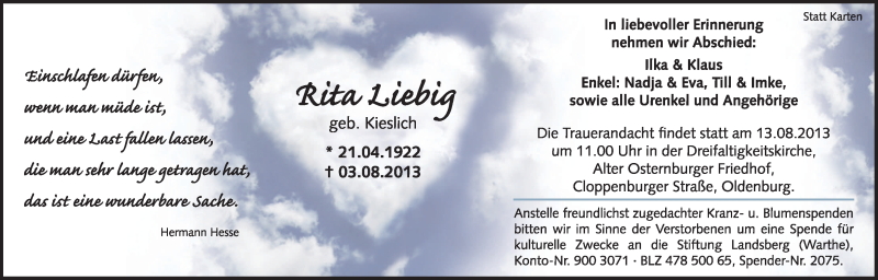  Traueranzeige für Rita Liebig vom 09.08.2013 aus Nordwest-Zeitung