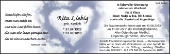 Traueranzeige von Rita Liebig von Nordwest-Zeitung