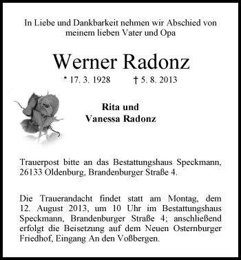 Traueranzeige von Werner Radonz von Nordwest-Zeitung