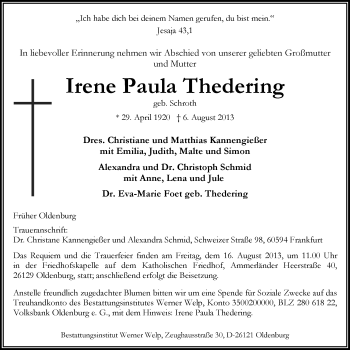 Traueranzeige von Irene Paula Thedering von Nordwest-Zeitung