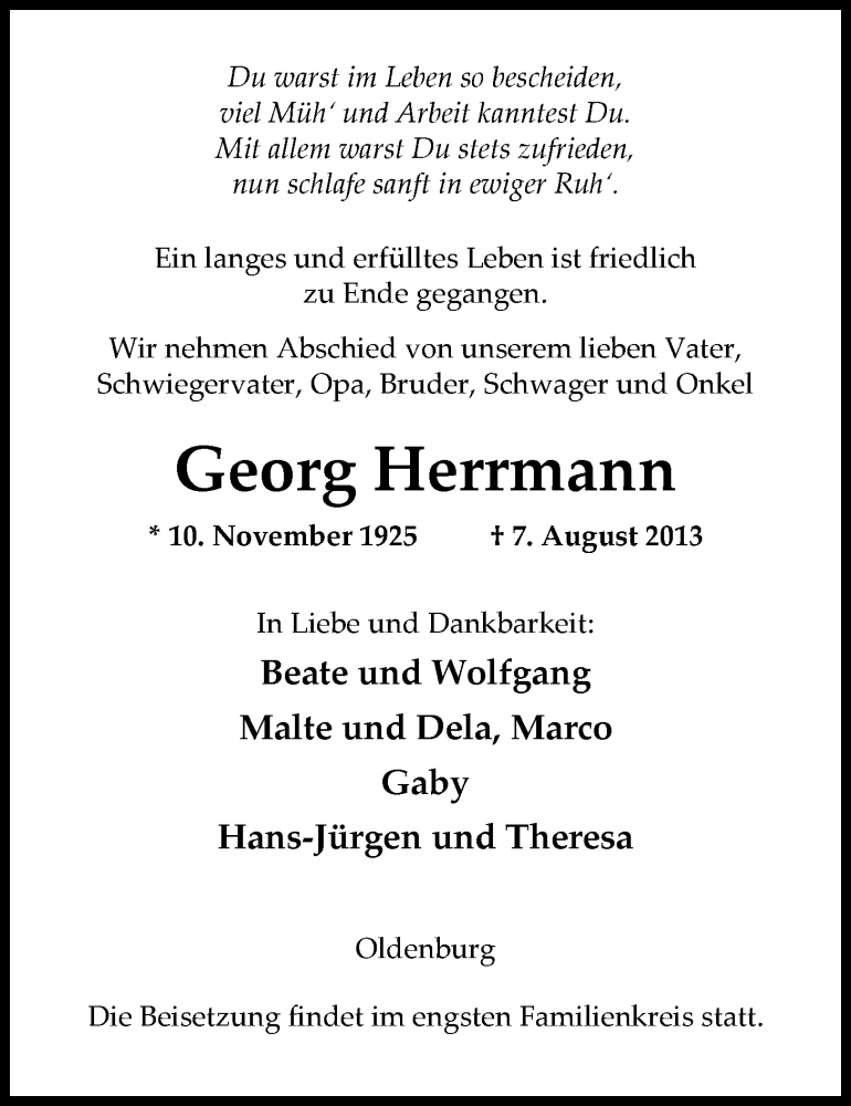  Traueranzeige für Georg Herrmann vom 09.08.2013 aus Nordwest-Zeitung