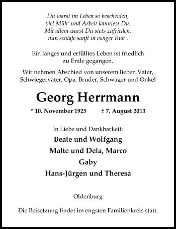 Traueranzeige von Georg Herrmann von Nordwest-Zeitung